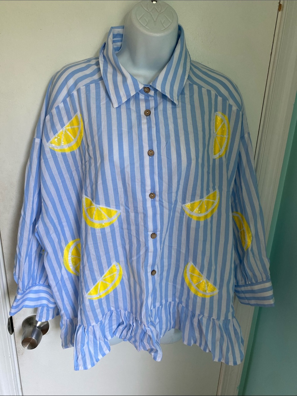 Chic Soul Striped Button-Up Shirt with sequined Lemon Patches